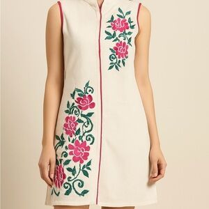 Sleeveless Floral Embroidered Dress - Pink and Green